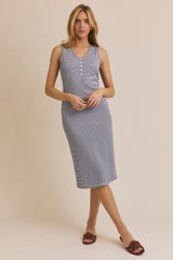 Navy Striped V-Neck Button Up Sleeveless Maternity Midi Dress