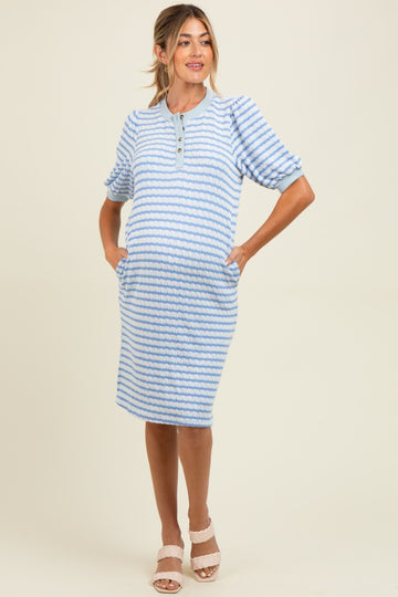 Blue Striped Textured Knit Button Up Maternity Dress