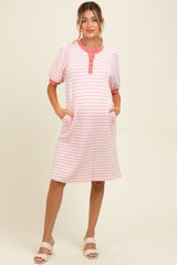 Light Pink Striped Textured Knit Button Up Maternity Dress