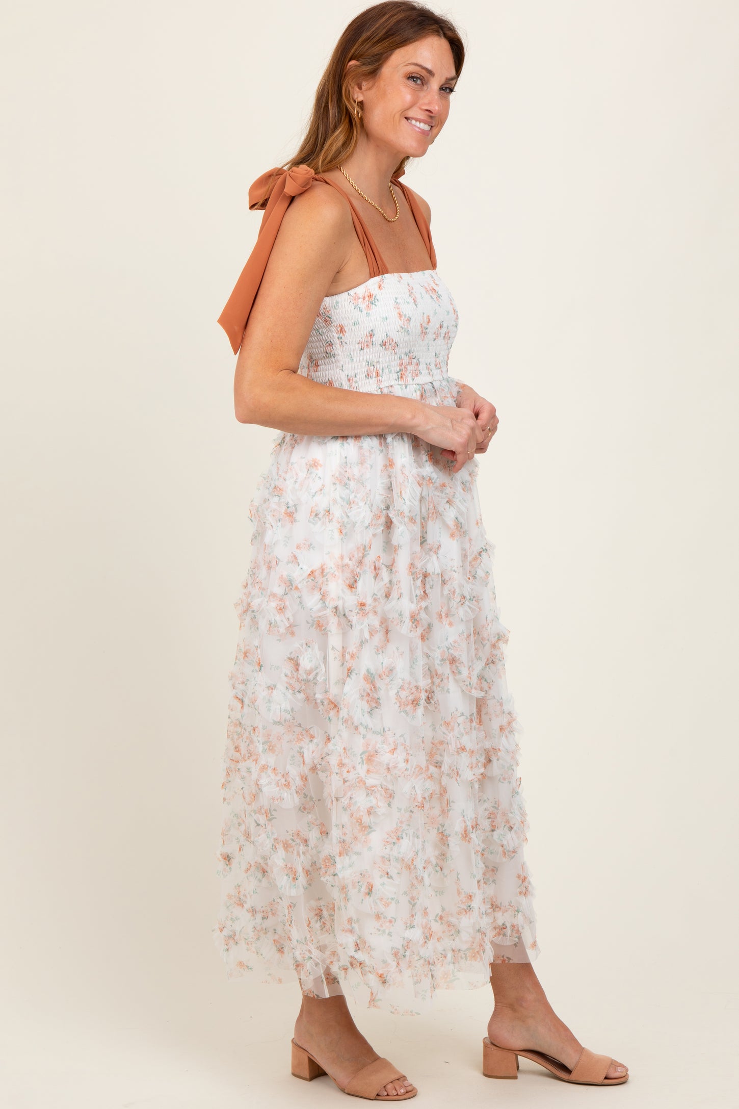 Rust Floral Smocked Shoulder Tie Ruffled Midi Dress