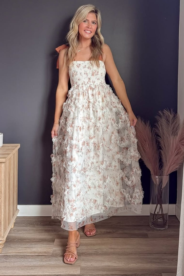 Rust Floral Smocked Shoulder Tie Ruffled Midi Dress
