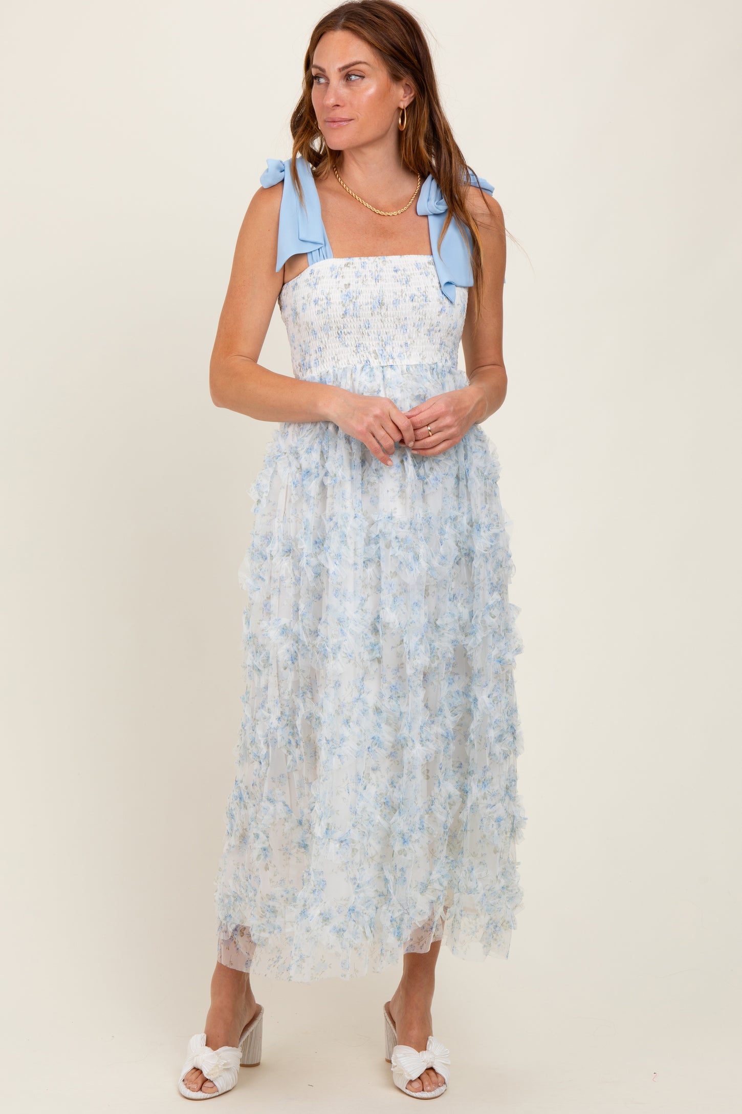 Light Blue Floral Smocked Shoulder Tie Ruffled Midi Dress
