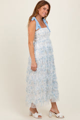 Light Blue Floral Smocked Shoulder Tie Ruffled Midi Dress