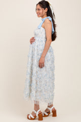 Light Blue Floral Smocked Shoulder Tie Ruffled Maternity Midi Dress