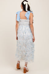 Light Blue Floral Smocked Shoulder Tie Ruffled Maternity Midi Dress