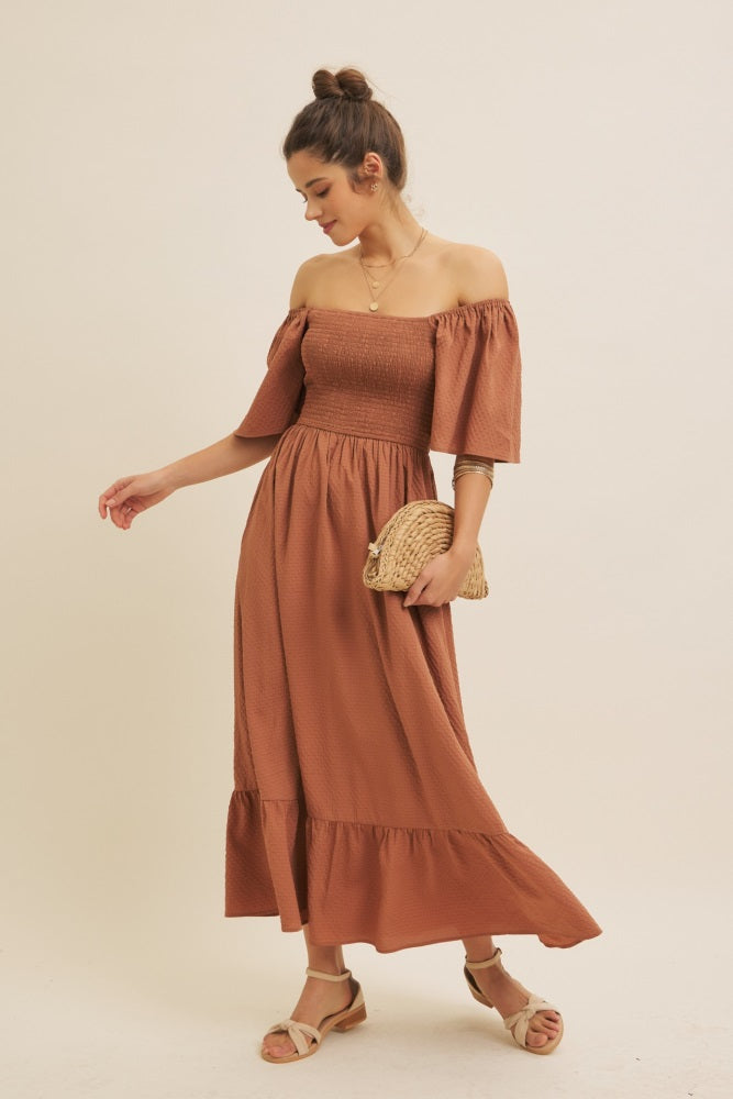 Camel Convertible Stretchy Smocked Maternity Maxi Dress