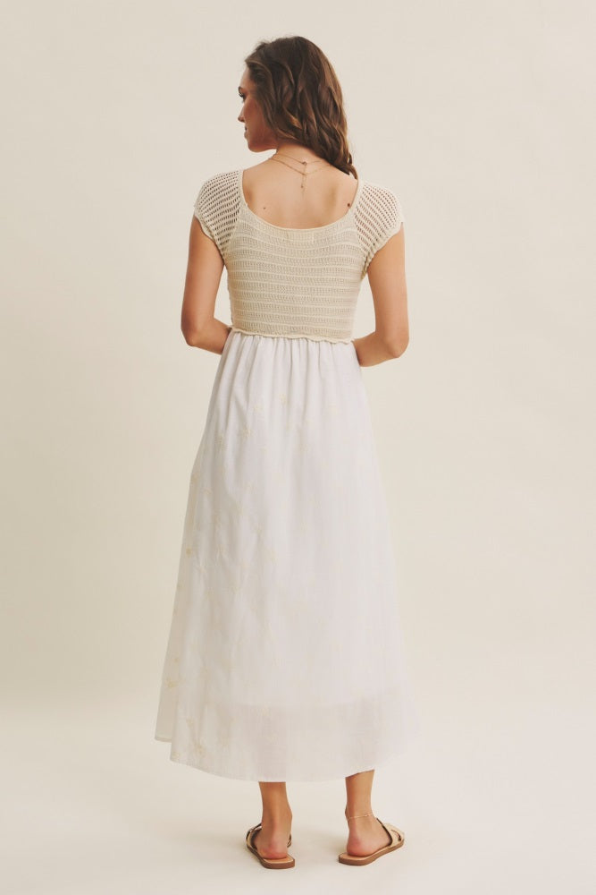 Ivory Crochet Sweater Floral Embroidery Midi Dress