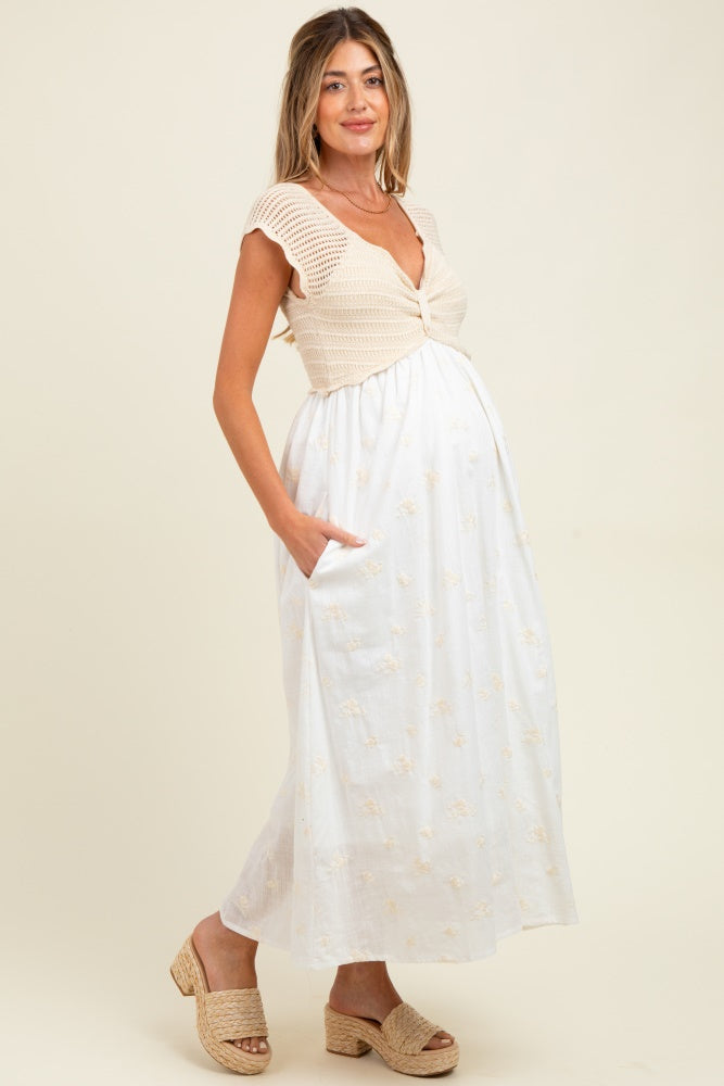 Ivory Crochet Sweater Floral Embroidery Maternity Midi Dress