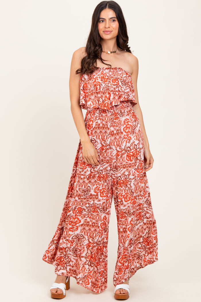 Rust Floral Strapless Ruffle Wide Leg Jumpsuit