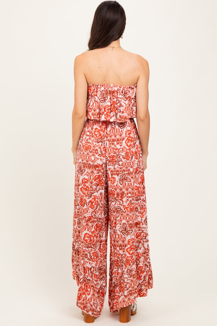 Rust Floral Strapless Ruffle Wide Leg Jumpsuit