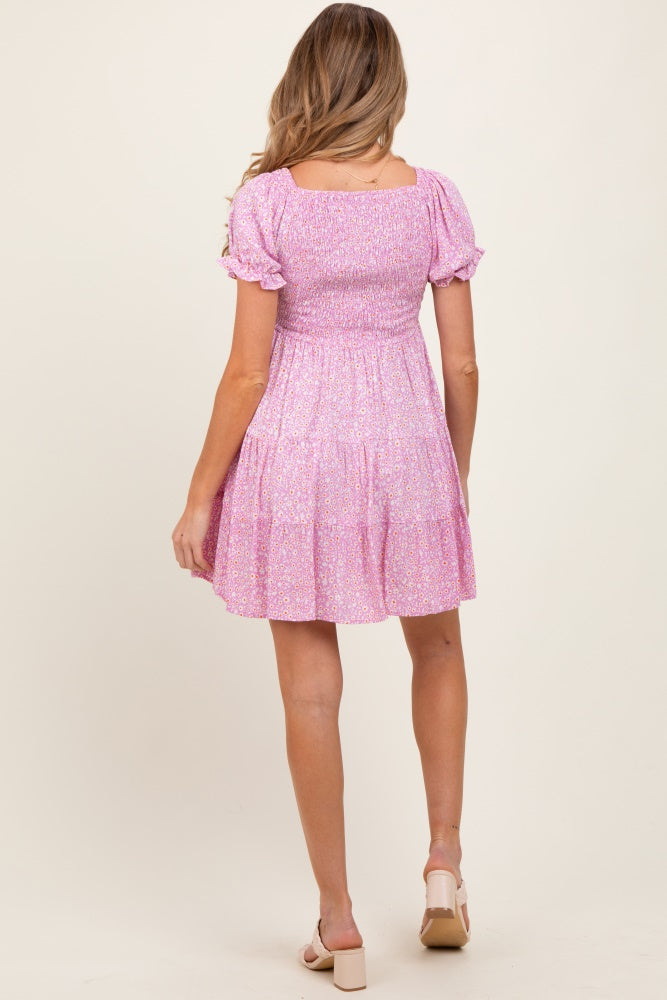 Light Pink Floral Smocked V-Neck Flutter Sleeve Maternity Dress
