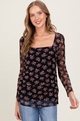 Black Square Neck Sheer Sleeve Maternity Floral Top