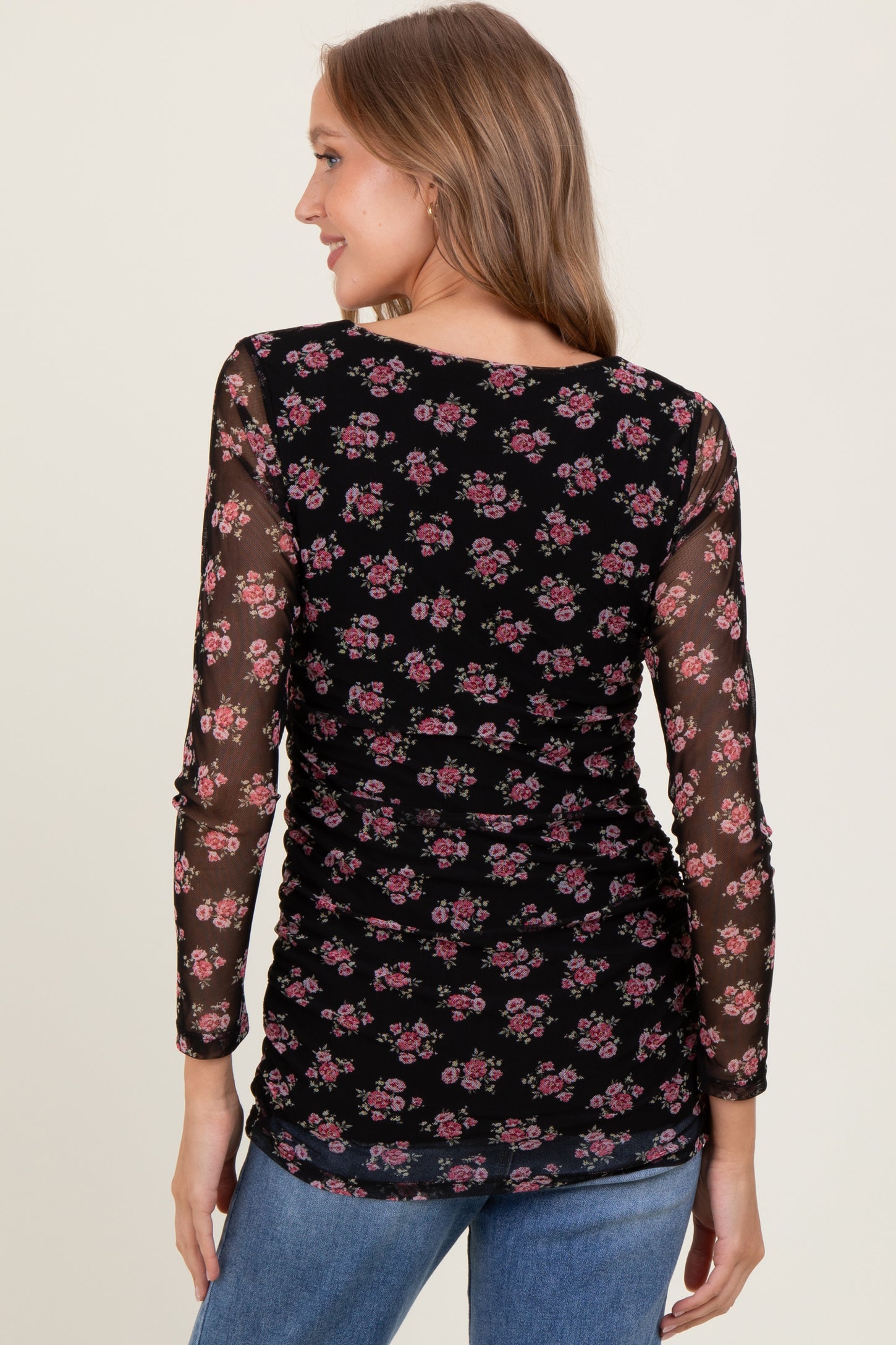 Black Square Neck Sheer Sleeve Floral Top