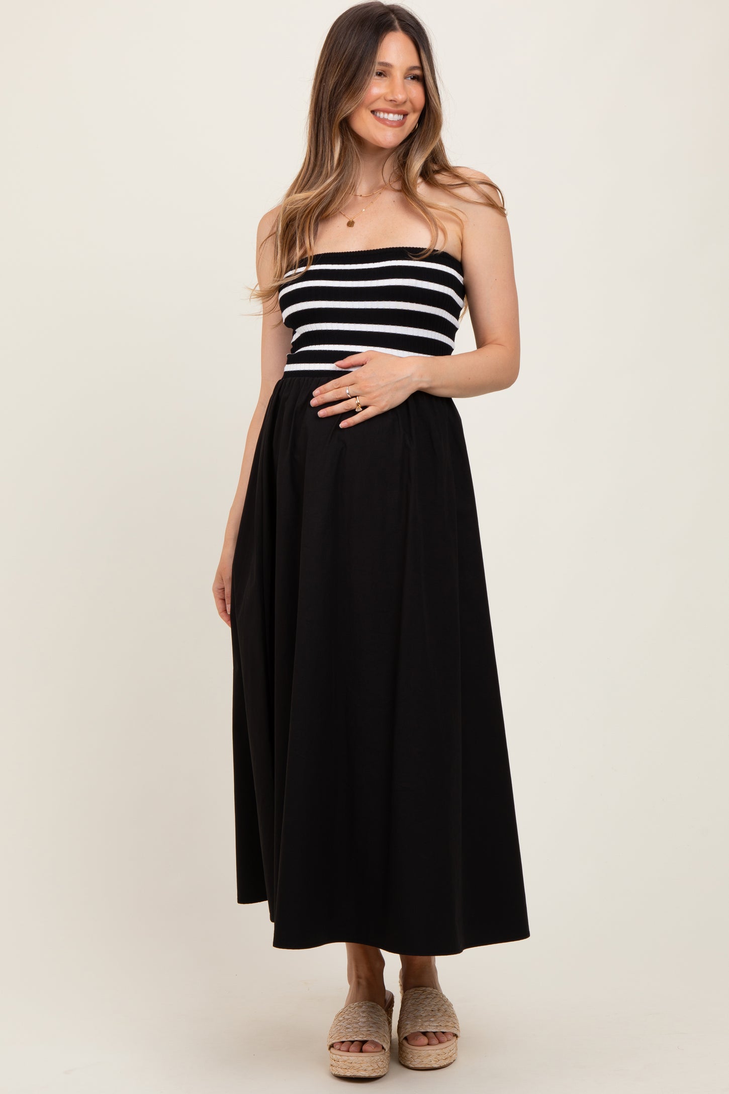 Black Striped Tube Knit Maternity Maxi Dress