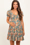 Olive Floral Smocked V-Neck Puff Sleeve Maternity Dress