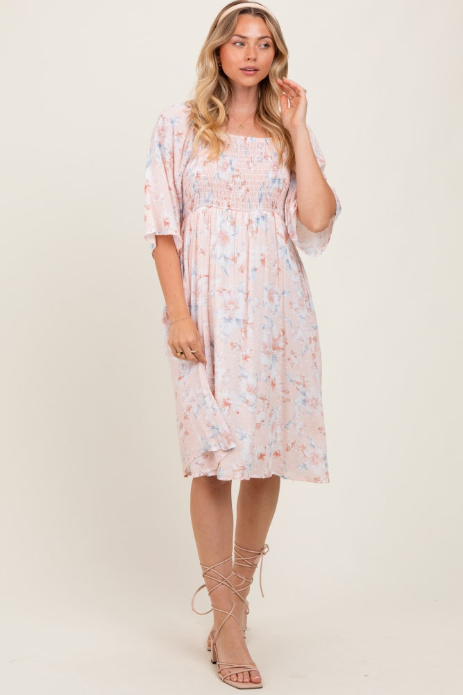 Peach Floral Smocked Maternity Midi Dress