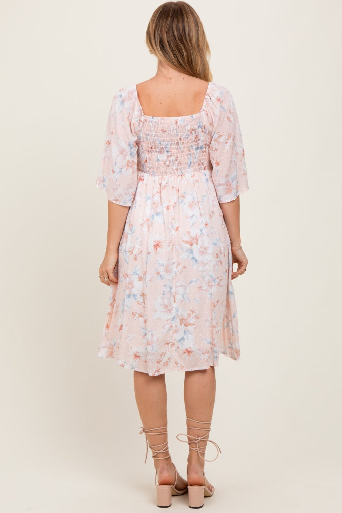 Peach Floral Smocked Midi Dress
