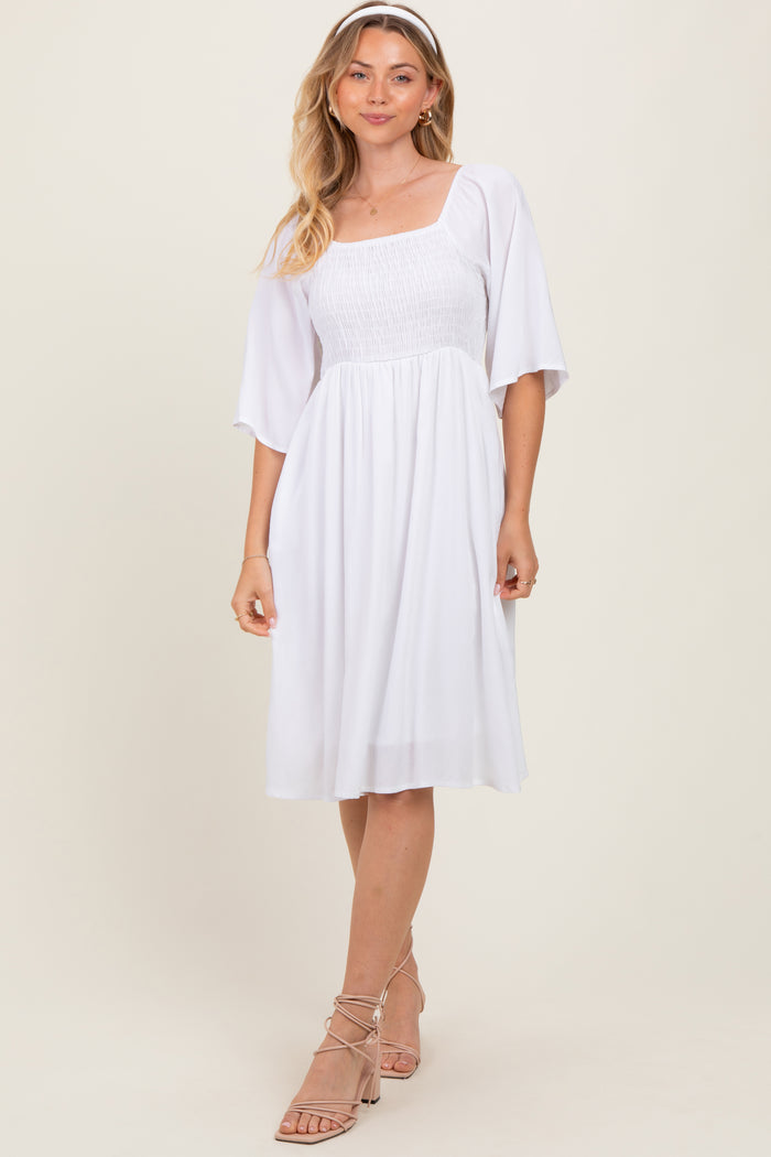 White Smocked Maternity Midi Dress