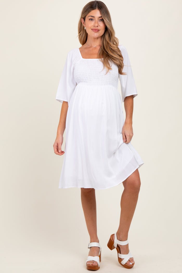 White Smocked Maternity Midi Dress