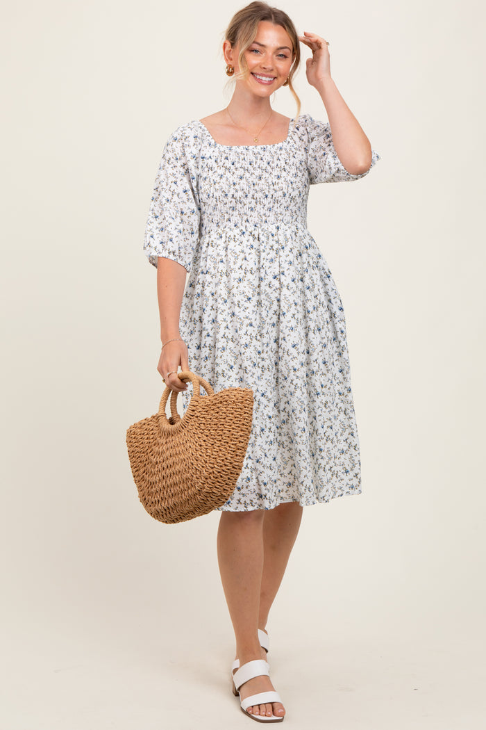 White Floral Smocked Maternity Midi Dress