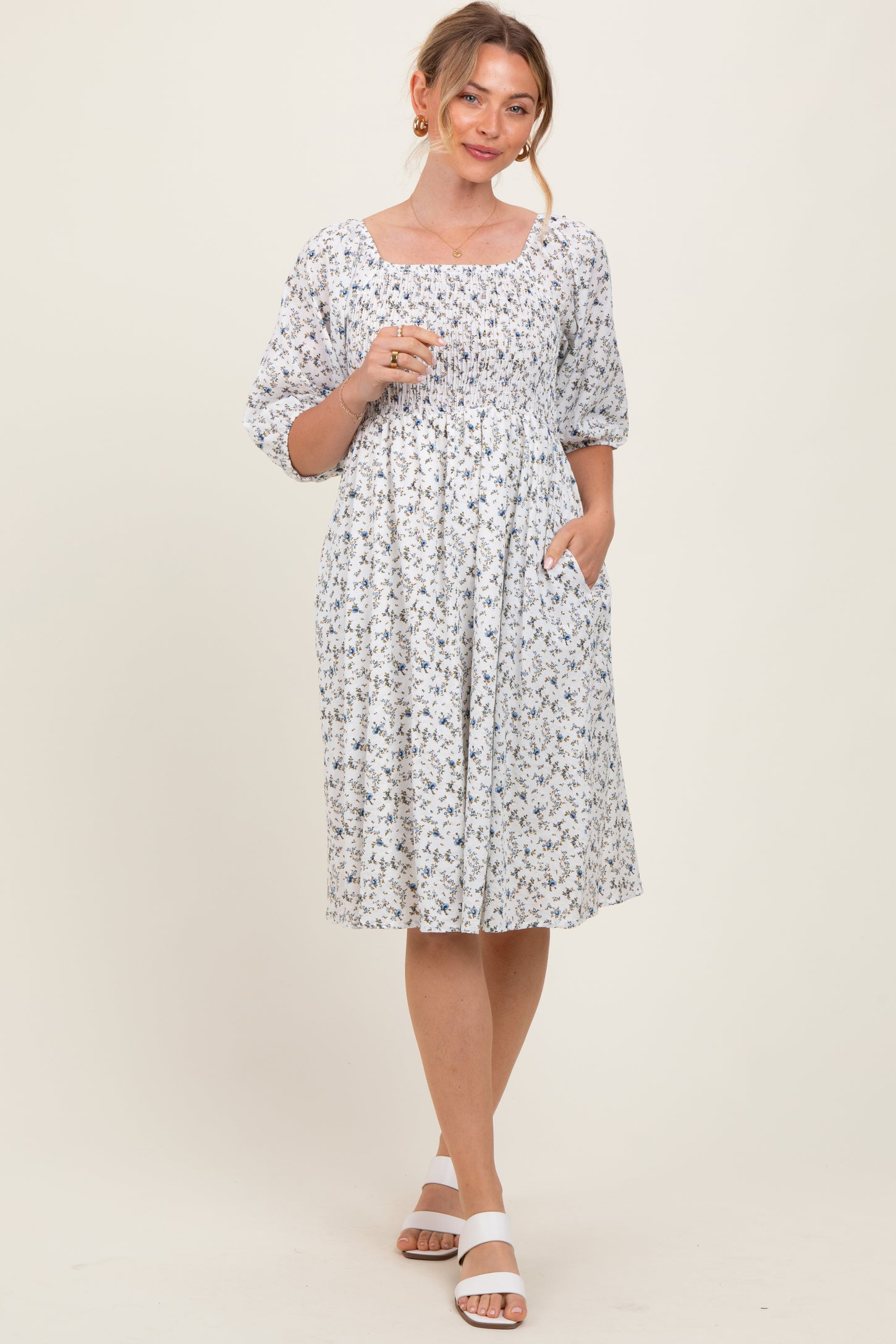 White Floral Smocked Midi Dress