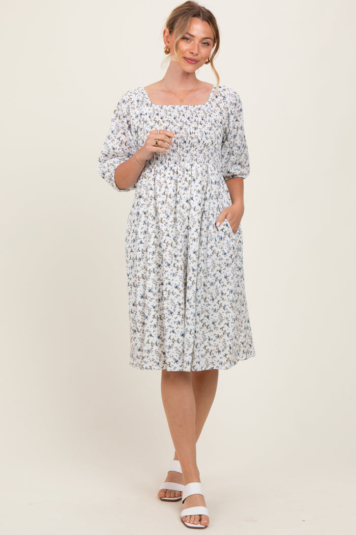 White Floral Smocked Midi Dress