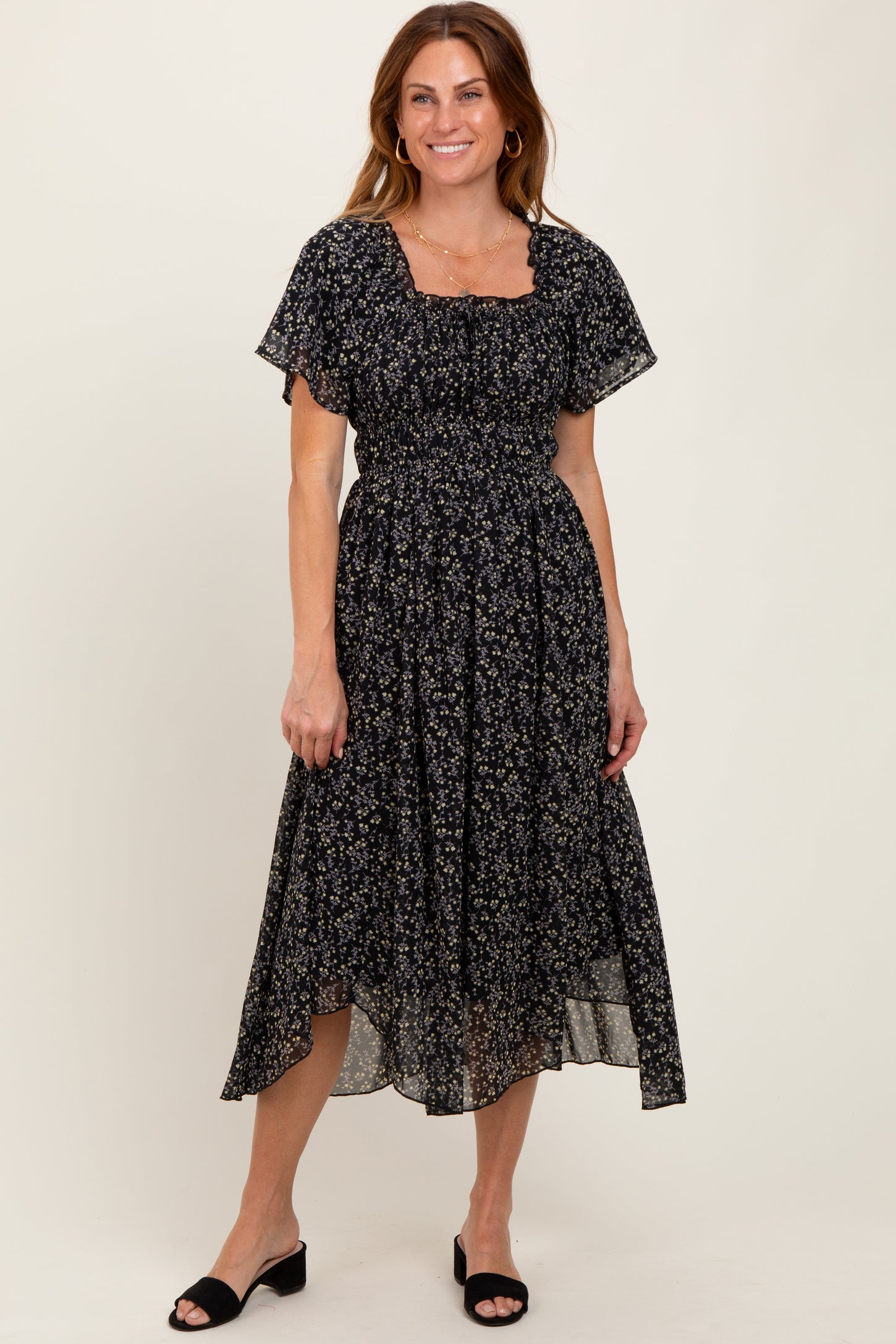 Black Floral Square Neck Front Tie Midi Dress