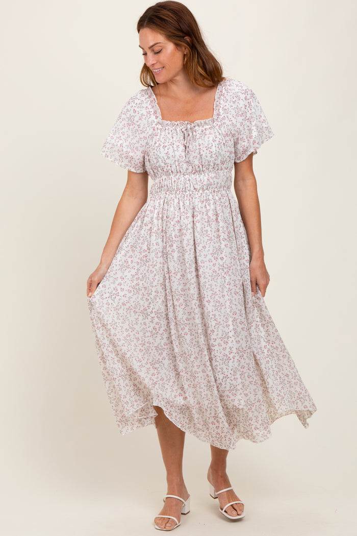 Ivory Floral Square Neck Front Tie Midi Dress