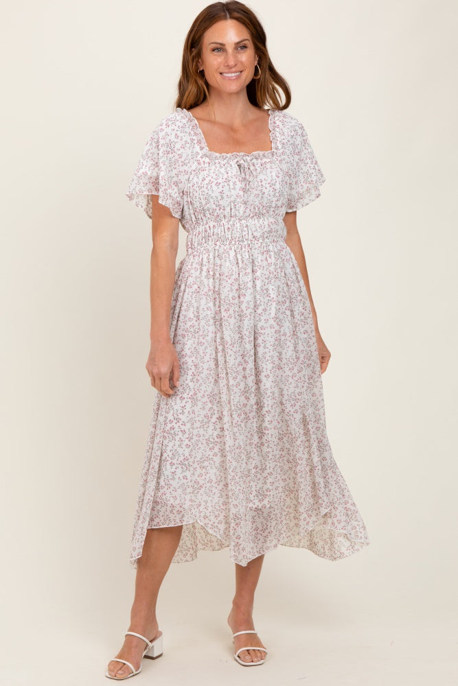 Ivory Floral Square Neck Front Tie Midi Dress