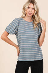 Blue Textured Knit Striped Puff Sleeve Top