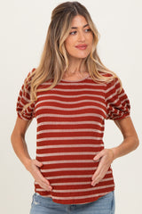 Rust Textured Knit Striped Puff Sleeve Maternity Top