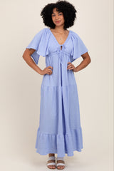 Light Blue Woven Textured Flutter Sleeve V-Neck Tiered Maxi Dress