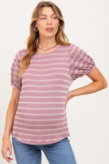 Pink Textured Knit Striped Puff Sleeve Maternity Top
