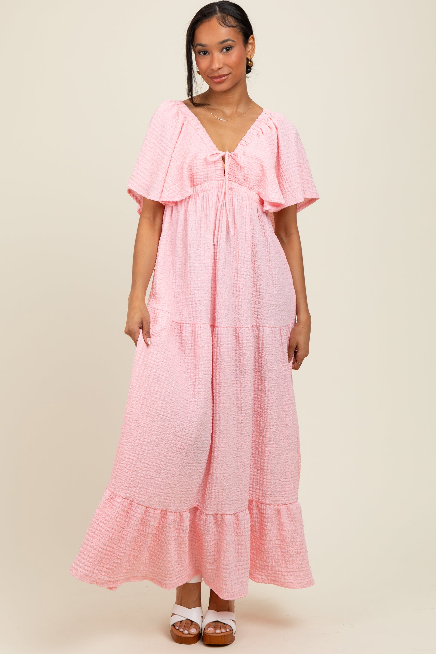 Light Pink Woven Textured Flutter Sleeve V-Neck Tiered Maxi Dress