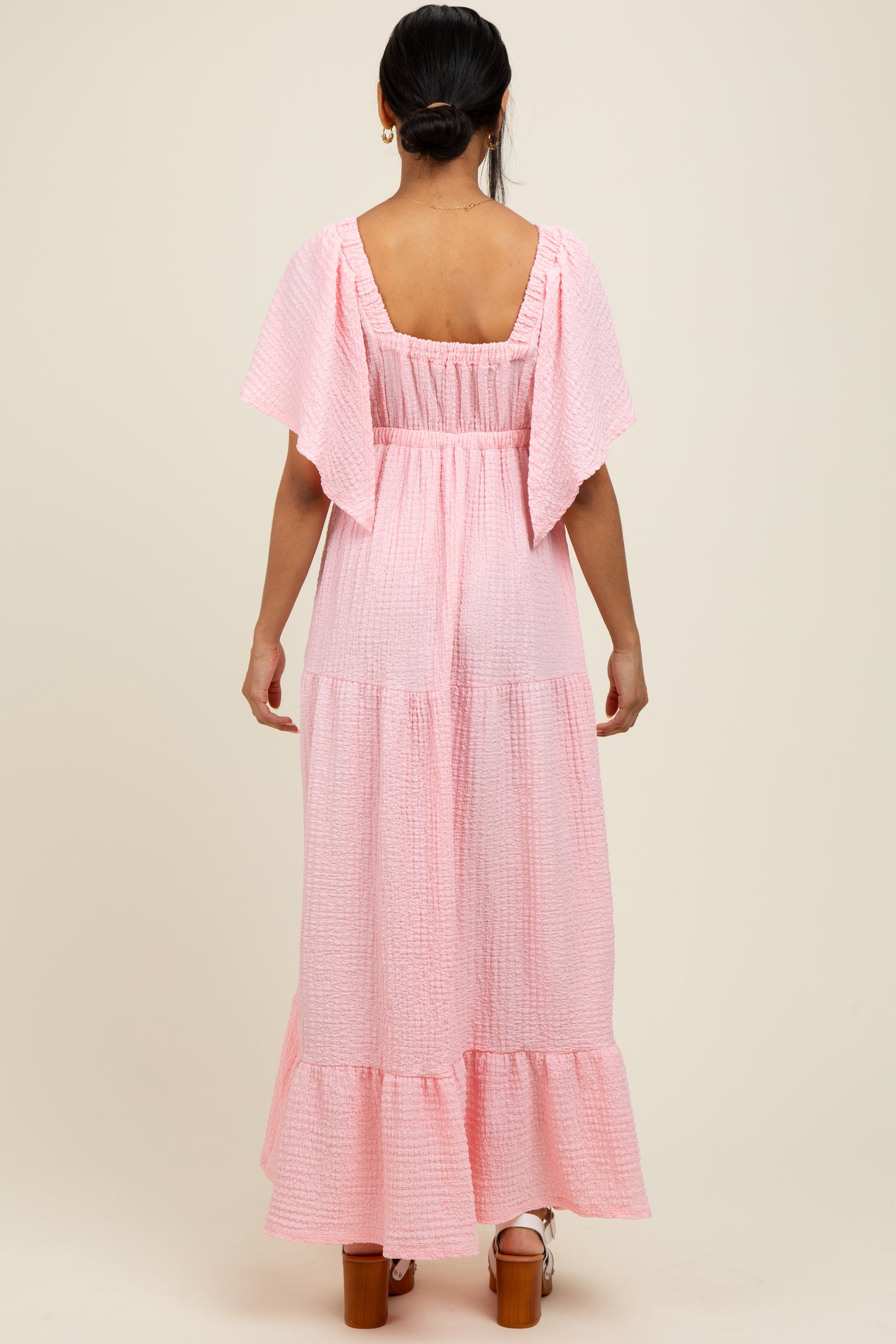 Light Pink Woven Textured Flutter Sleeve V-Neck Tiered Maxi Dress