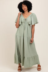 Sage Woven Textured Flutter Sleeve V-Neck Tiered Maxi Dress