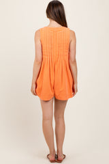 Orange Deep V-Neck Pleated Front Tie Sleeveless Maternity Romper