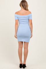 Light Blue Off Shoulder Knit Mini Dress