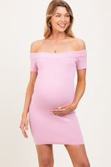 Light Pink Off Shoulder Knit Maternity Mini Dress