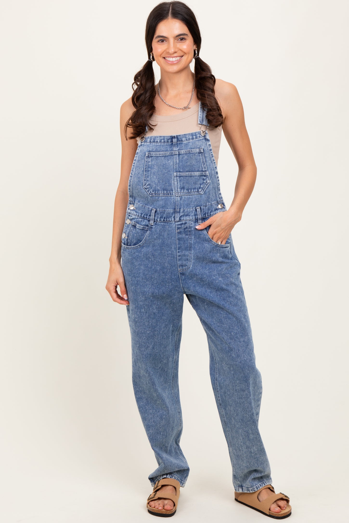 Light Blue Wash Rolled Cuff Denim Overalls