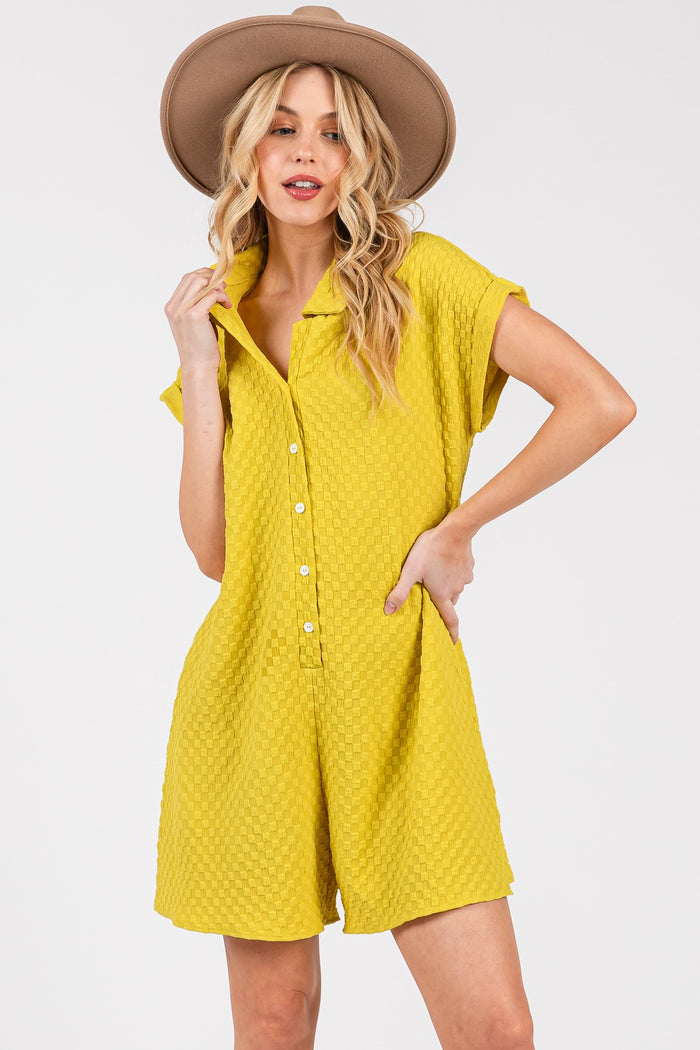 Yellow Jacquard Plaid Button-Down Romper