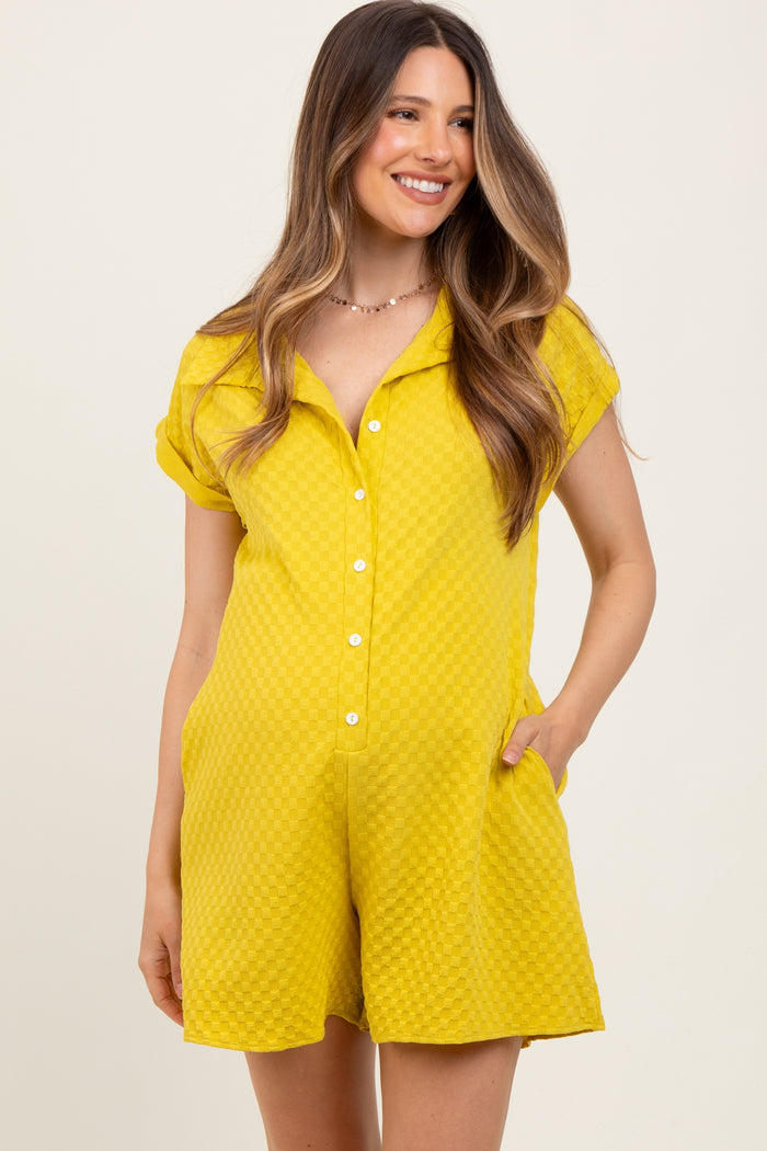 Yellow Jacquard Plaid Button-Down Maternity Romper