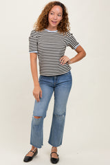 Black Striped Ribbed Puff Sleeve Top