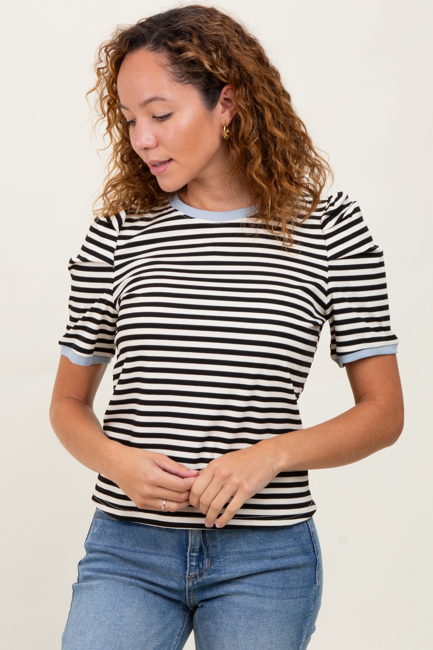 Black Striped Ribbed Puff Sleeve Top