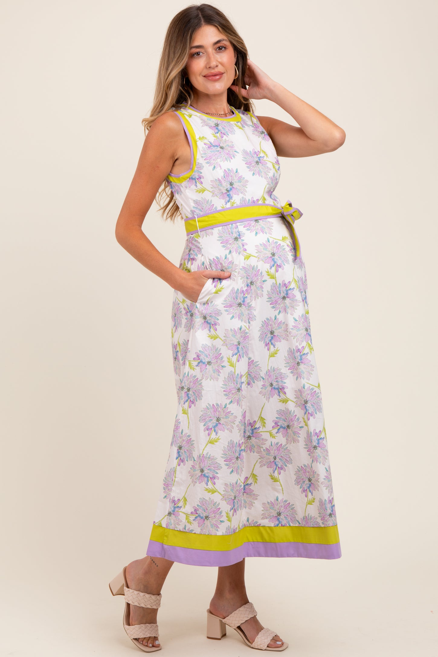 Lavender Floral Sleeveless Sash Tie Maternity Midi Dress