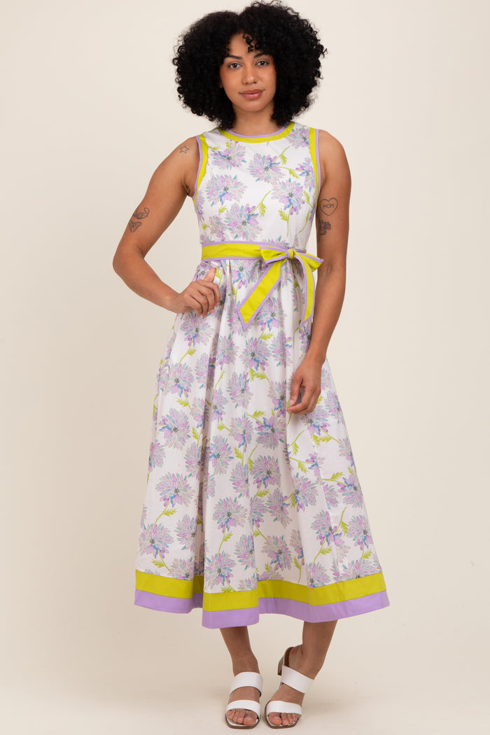 Lavender Floral Sleeveless Sash Tie Maternity Midi Dress