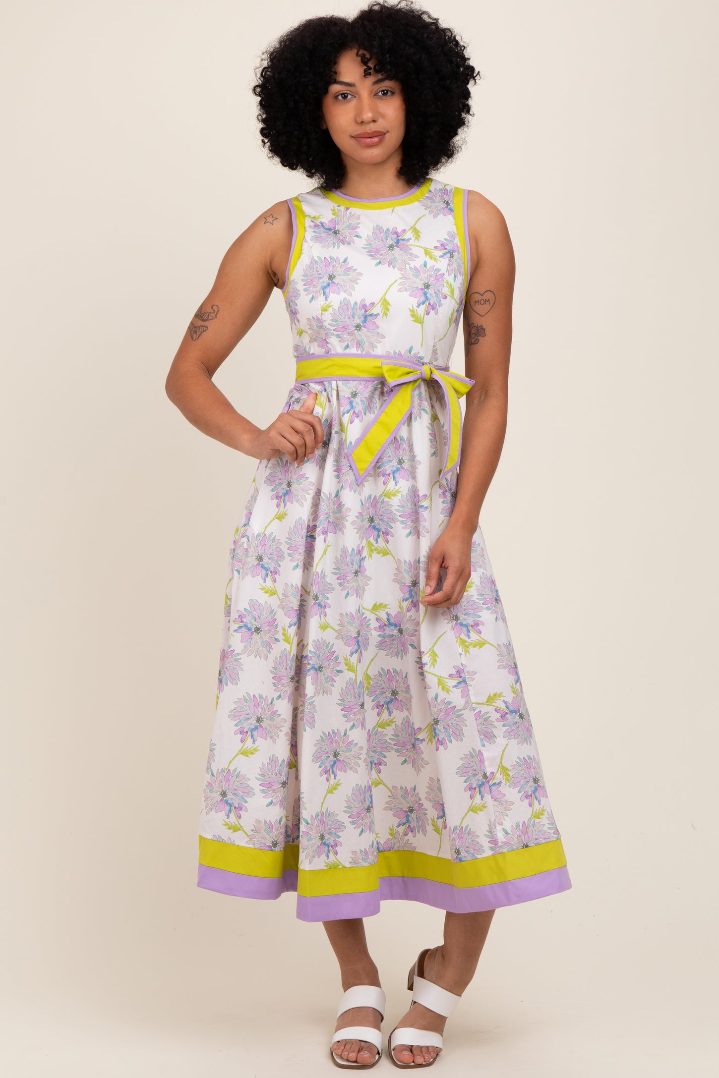 Lavender Floral Sleeveless Sash Tie Midi Dress