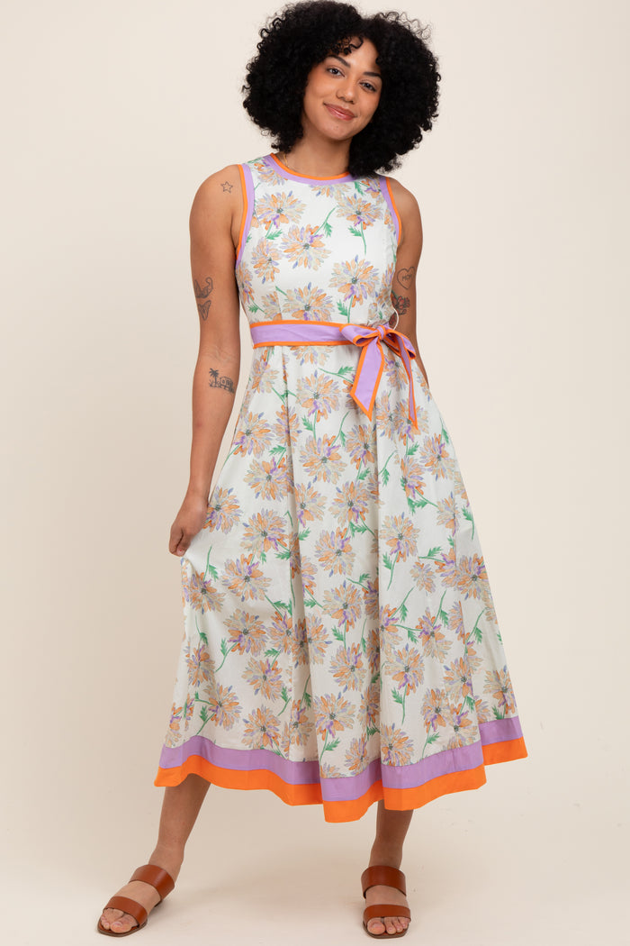 Orange Floral Sleeveless Sash Tie Maternity Midi Dress