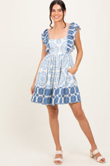 Blue Damask Ruffle Sleeve Maternity Mini Dress