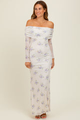 Ivory Floral Mesh Off Shoulder Foldover Maxi Dress
